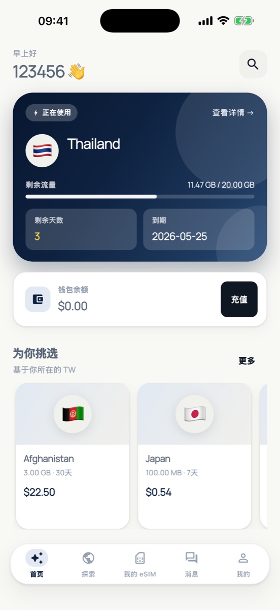 Global eSIM home screen with an active travel eSIM